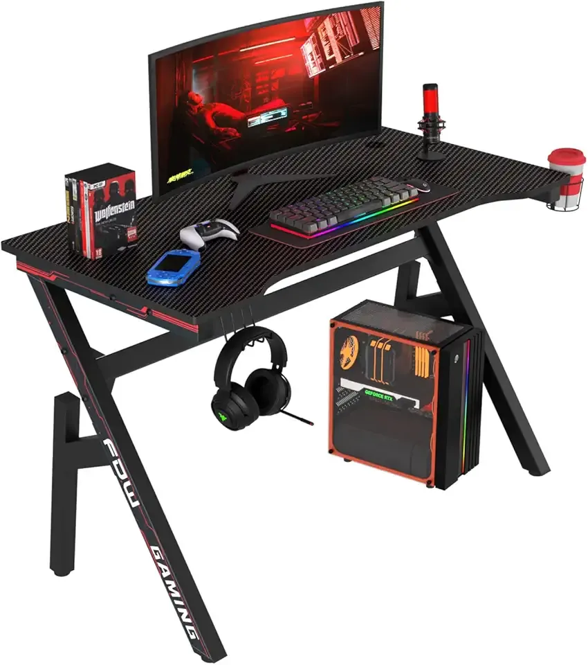 BestOffice Gaming Desk Computer Desk 47 Inch Home Office Desk Extra Large Modern Ergonomic Black PC Carbon Fiber Table Gamer Workstation with Cup Holder Headphone Hook