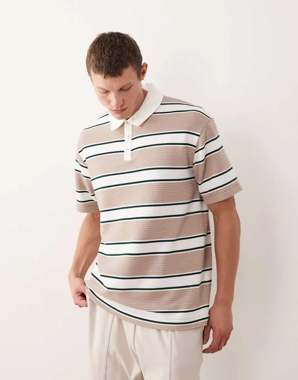 ASOS DESIGN super heavyweight oversized polo shirt with text graphic in light brown stripe