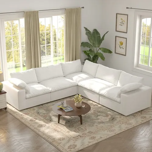 Large U-shaped Down Filled 118 in. Square Arm 5-Piece Linen Cloud Modular Sectional Sofa Couch with Covers in White