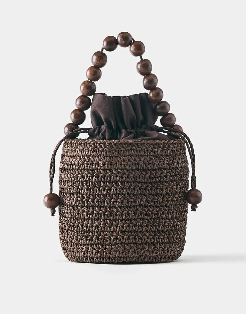 Pull&Bear Beaded mini bucket bag in brown