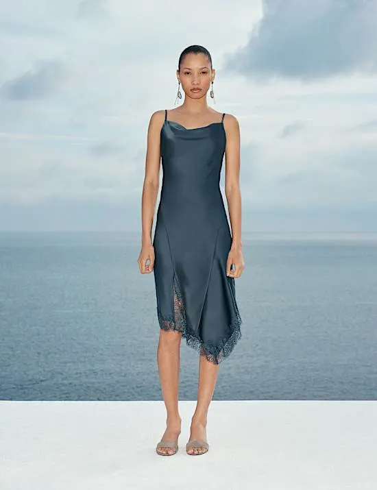 Satin Cowl Neck Lace Trim Midi Slip Dress
