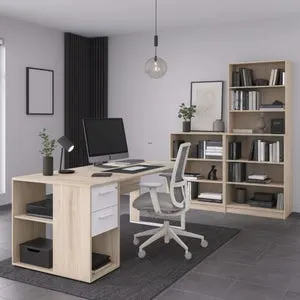 Conjunto Muebles de Oficina Veltis, Escritorio, Cajonera, Estantería Baja y Alta Color Blanco y Roble Japonés