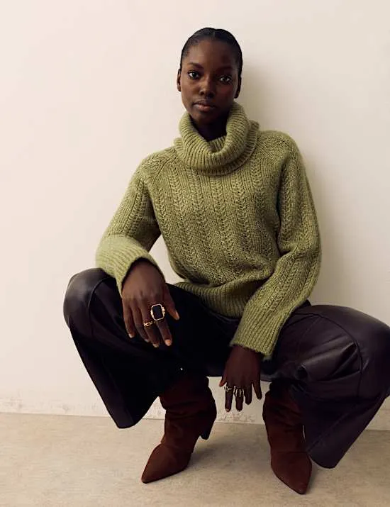 Pointelle-Rollkragenpullover mit Wollanteil