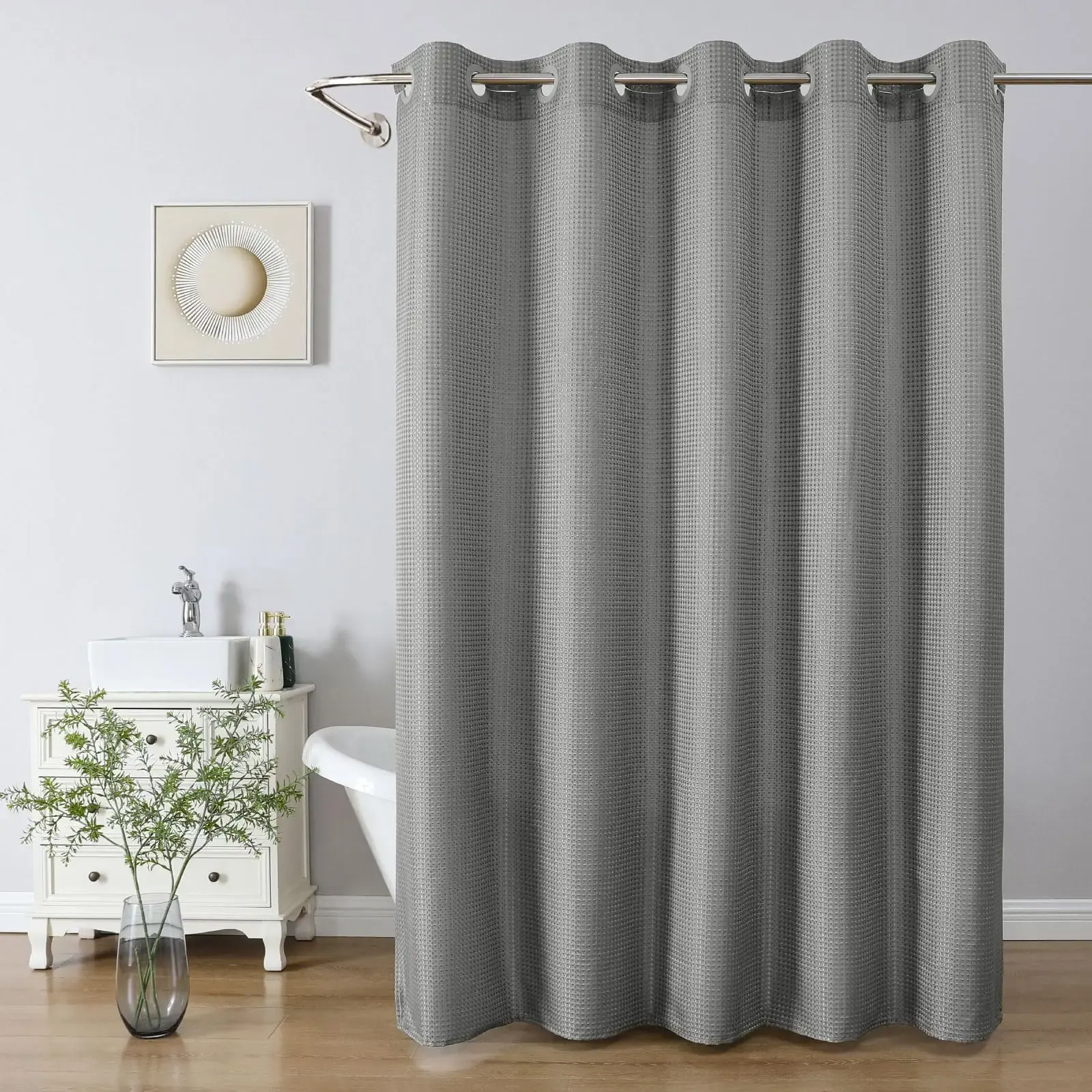 No Hook Waffle Shower Curtain, No Liner Needed Separate, 71x74 Inch, Grey | 100% waterproof TPU-laminated backing, magnetic weighted hem, machine washable, for bathroom, hotel, or shower stall use