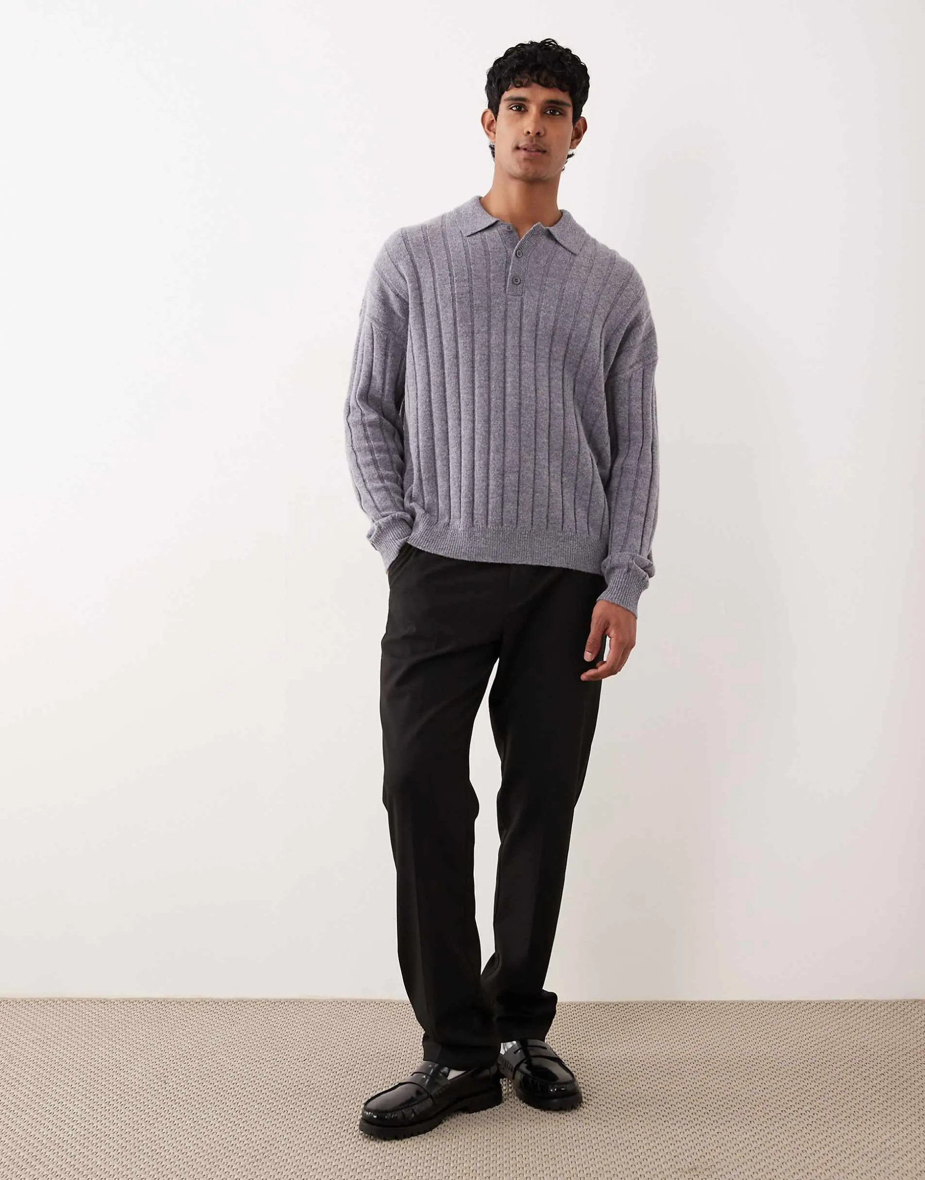 ASOS DESIGN oversized knitted lambswool rib polo in grey marl