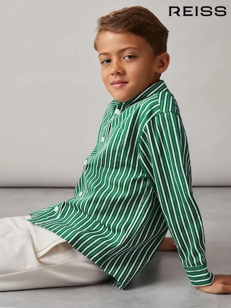 Reiss Green/White Aplin 9-13 yrs Cotton-Poplin Striped Oversize Shirt