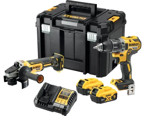 Aku sada nářadí DeWalt DCK2020P2T 18V XR Brushless, Vrtací šroubovák DCD791 a Úhlová bruska DCG405, 2× aku XR Li‑Ion 18 V 5,0 Ah, nanabíječka XR a kufr TSTAK