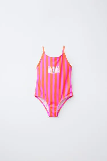 6-14 YEARS / LA JOLLA BEACH STRIPED SWIMSUIT WITH SLOGAN