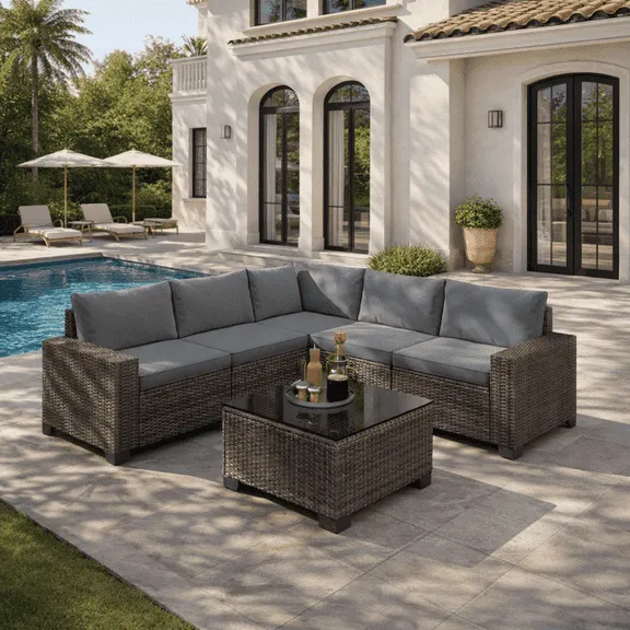 Aiho Outdoor Patio Furniture Set with All Weather Wicker, 6 Pieces Outdoor Sectional Sofa with Soft Cushions and Coffee Table, For Garden, Backyard, Poolside, Patio, Porch and Balcony - Gray