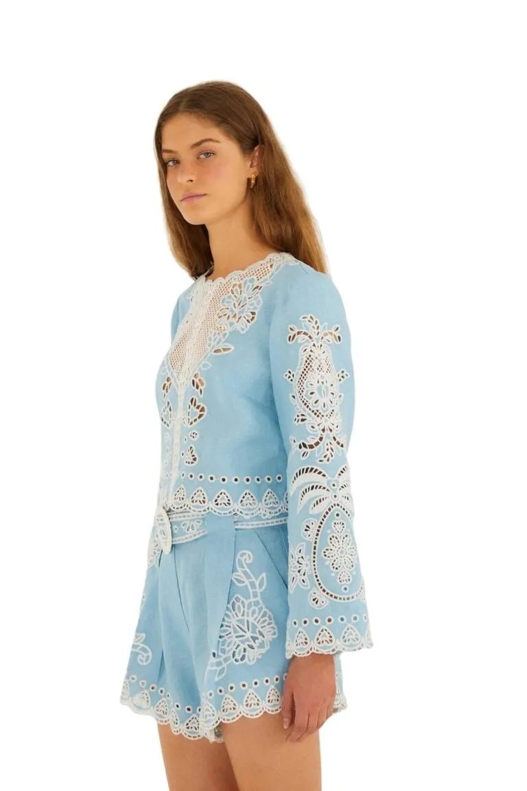 Romantic Richelieu Euroflax Premium Linen Blouse - Blå