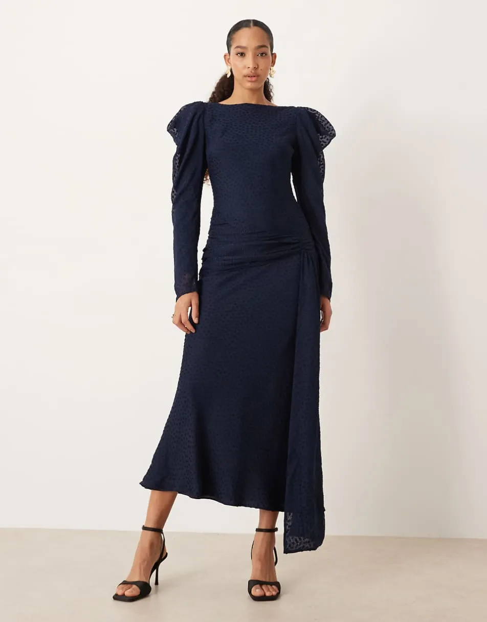 ASOS DESIGN drape shoulder maxi dress in navy dobby
