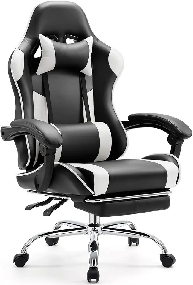 Sweetcrispy Video Game Desk Chair - Ergonomic Computer with Footrest and Comfy Lumbar Support, PU Leather Recliner with Headrest, Fixed Up Armrest, Height Adjustable with 360° Swivel, White, Adults