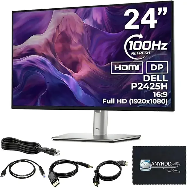 Dell P2425H Computer Monitor Screen 24" 16:9 IPS Display with Stand - 1 Year Warranty, 100Hz Full HD, 1920 x 1080 with Power Cable, Anyhdd DisplayPort, HDMI, USB 3.0 Upstream Cable & Cloth - New