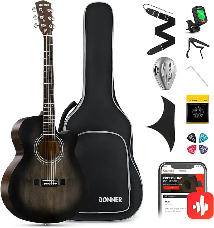 Donner Acoustic Guitar for Beginner Adult 40 Inch Cutaway Acustica Guitarra Bundle Kit with Pickup Online Lesson Bag Tuner Capo Strap Mini Jumbo Travel Teen Right Hand Black Brown DAJ-110CD
