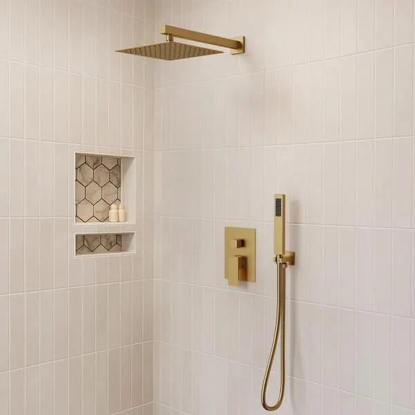 EVERSTEIN Single-Handle Rain 2-Spray Square 10 in. Dual Shower Head Fixed and Handheld Shower Head in Brushed Gold
