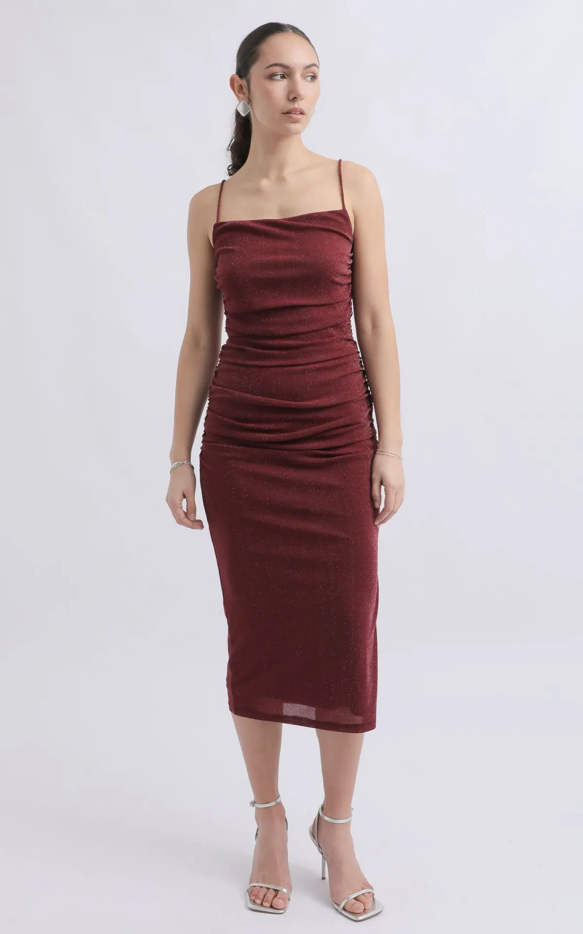 Glitter Mesh Ruched Midi Dress