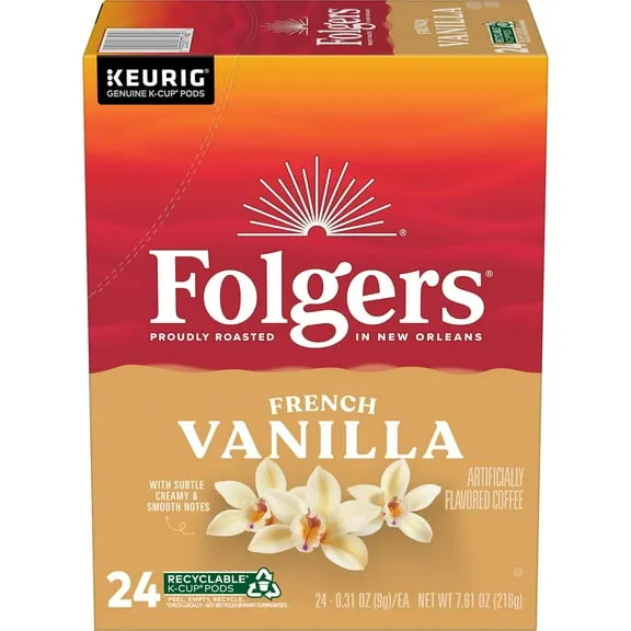 Folgers French Vanilla Artificially Flavored Coffee, Mild Roast, Keurig K Cup Pods, 24 Count Box