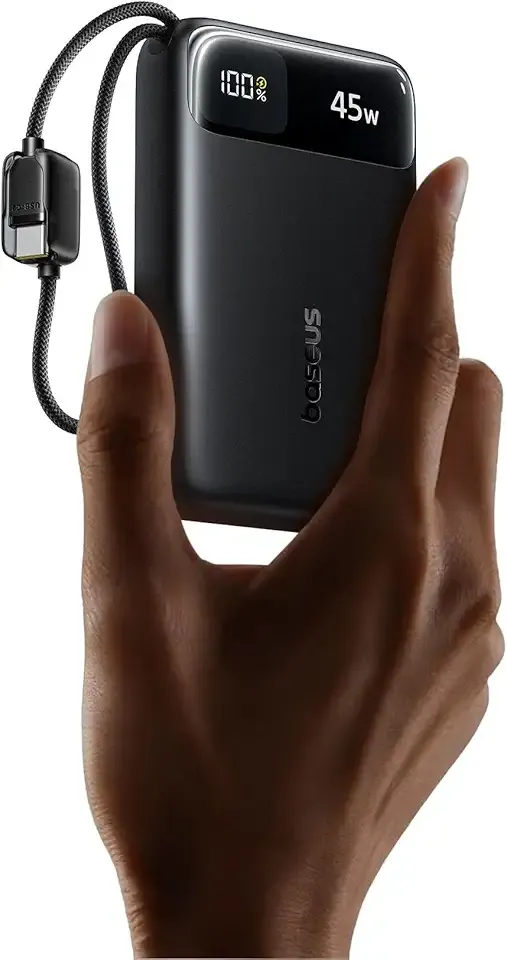 Baseus 20000mAh Compact Portable Charger 45W, CCC Certified Power Bank Built-in USB-C Cables, Travel Essential PD Fast Charging Battery Pack for iPhone 18/17/16 Series Galaxy S25/S24 Ultra Google iPad