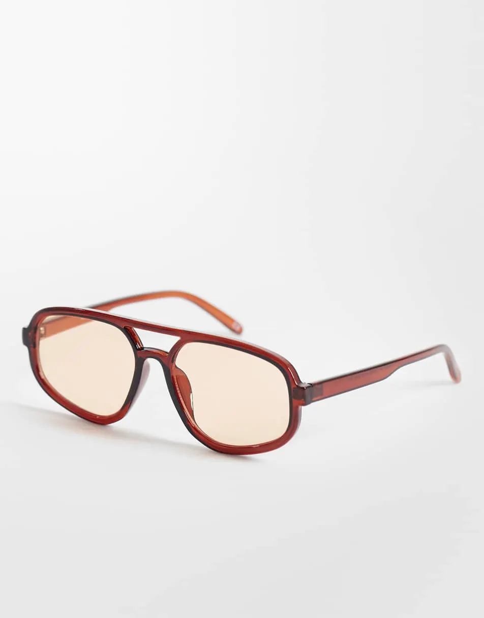 ASOS DESIGN angular aviator sunglasses in crystal brown with light yellow lens
