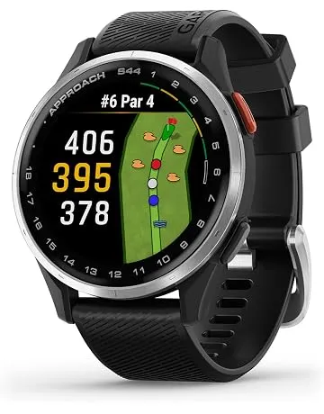 Garmin Approach® S44, Essential Golf GPS Smartwatch, AMOLED Display, On-Course Features, Silver Aluminum Bezel with Black Silicone Band | AMOLED Display, On-Course Features, Aluminum Bezel, Silicone Band