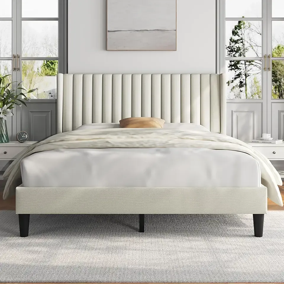 Queen Bed Frame Upholstered Platform Bed with Fabric Headboard, Wing Edge Design/Non-Slip and Noise-Free/Wooden Slats Support/No Box Spring Needed/Easy Assembly, Ivory Queen Bed