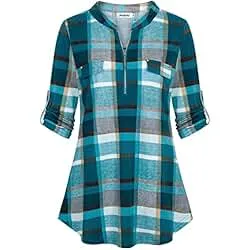 Ninedaily Women's 3/4 Sleeve Plaid Shirts Zip Floral Casual Tunic Blouse Tops