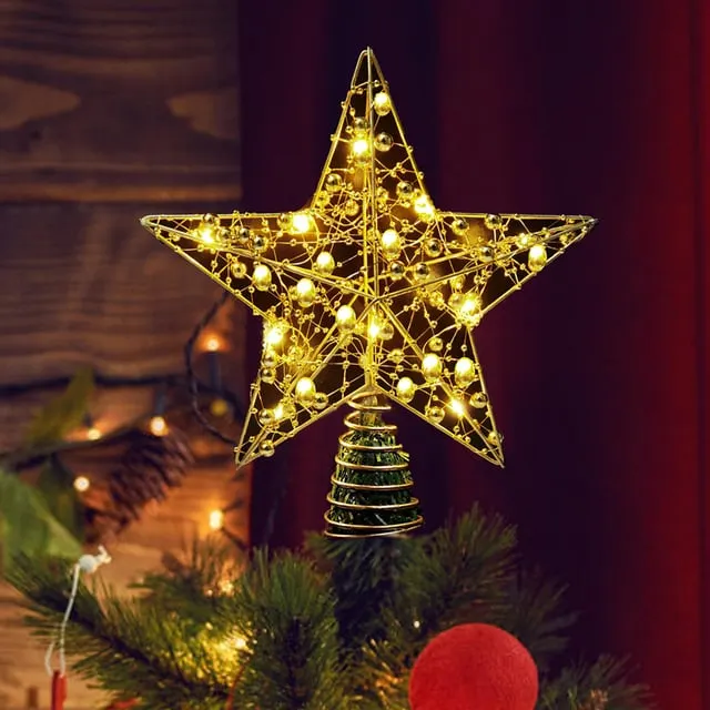 Estrella brillante navideña, adorno para árbol de Navidad, luz de noche con cuentas doradas de luz cálida, regalo navideño