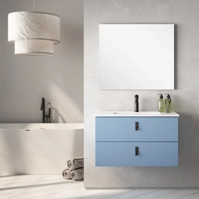 Pack Mueble de baño con Lavabo + Espejo DOHA 2 Cajones Azul 80x45 cm - EGORE