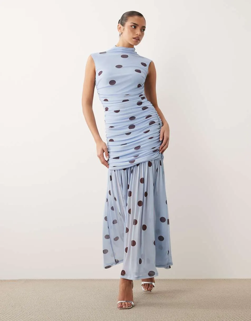 ASOS DESIGN printed polka dot ruched drop waist circle dress with grown in neck in blue