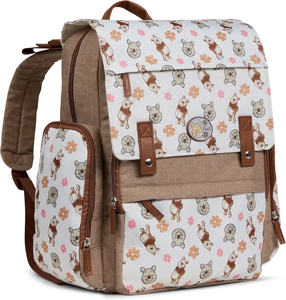 Disney Diaper Bag Backpack with Changing Pad Winnie the Pooh – 16” Nylon Baby Bag for Parents, Insulated Bottle Holders, Multiple Storage Pockets