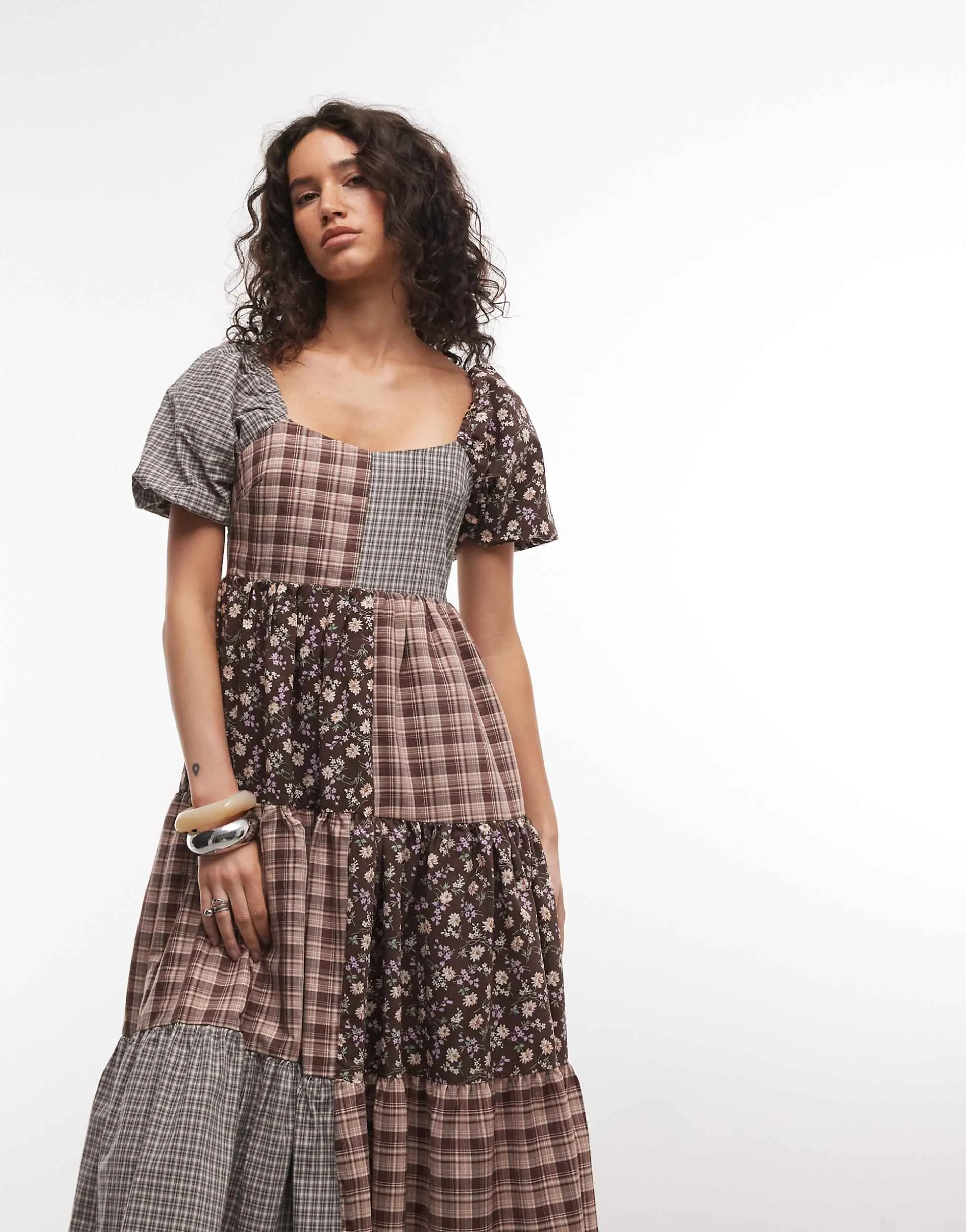 Daisy Street puff sleeve midaxi smock dress in mix floral check