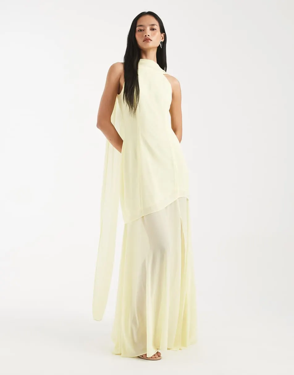 TFNC Bridesmaid chiffon sheer scarf detail maxi dress with sheer skirt in butter lemon