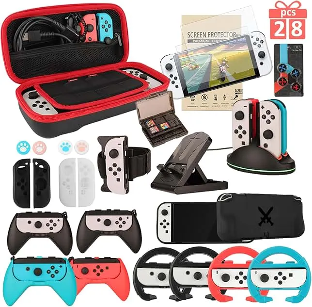 Switch OLED Accessories - Family Bundle Accessories for Nintendo Switch OLED, Carry Case& Screen Protector,4 Pack Joy Con Grips and Steering Wheels, Case Cover,Stand Mount,Joy Con Charger and More