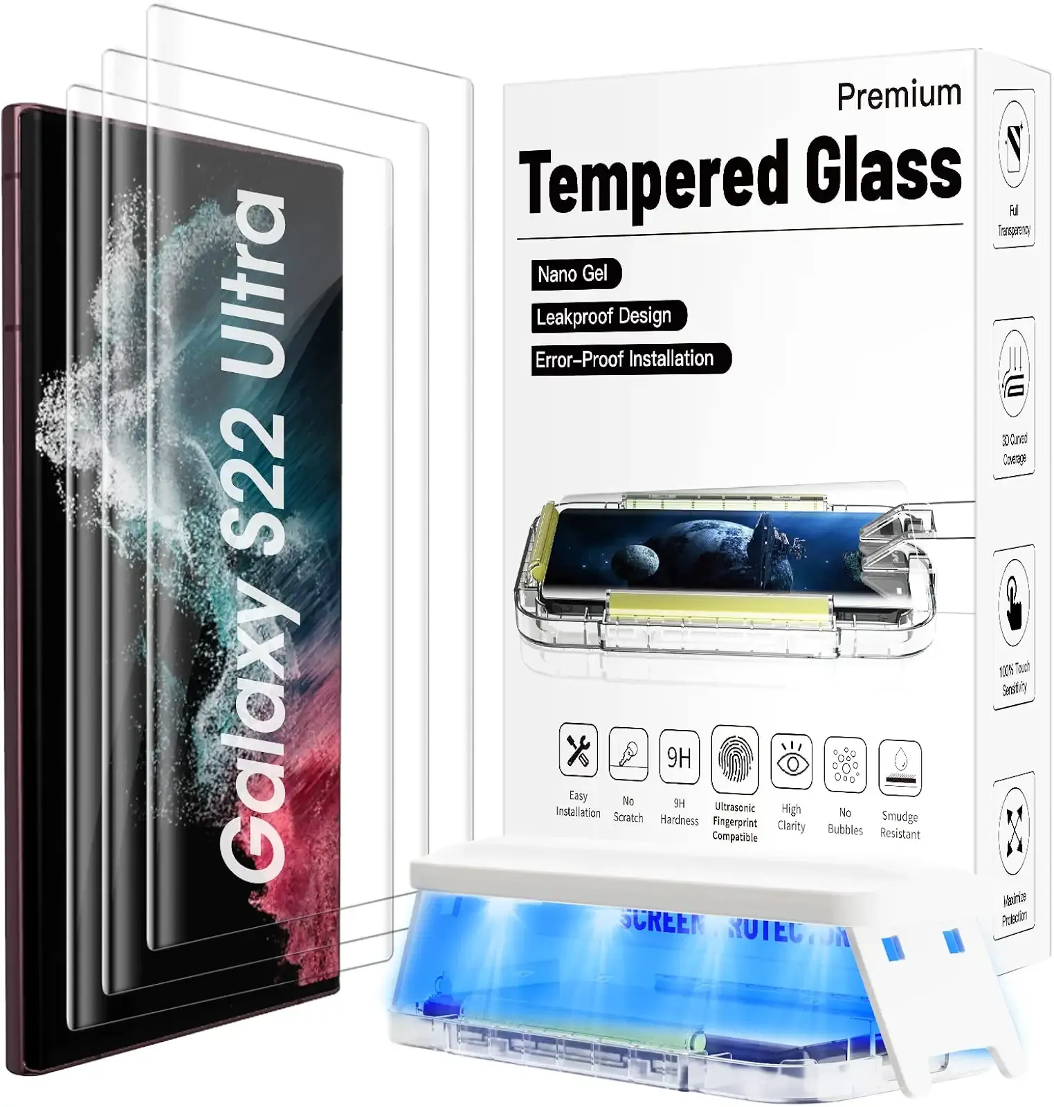3 Pack【Auto Alignment】 3D Curved for S22 Ultra Screen Protector Samsung Galaxy 5g,Samsung Galaxy S22 Ultra Tempered Glass,Fully Compatible with UltraSonic Fingerprint Scanner and S Pen