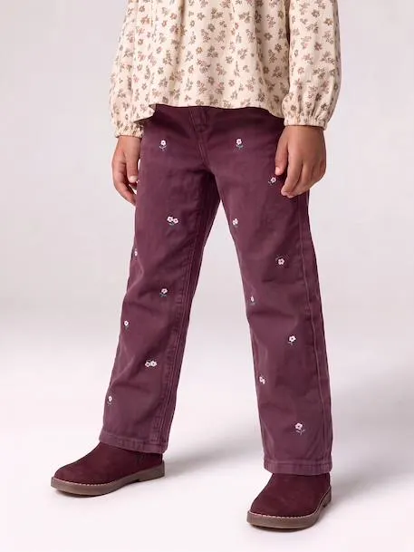 Pantalon mom fille brodé - prune