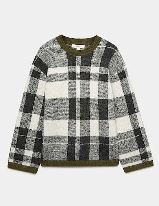 Checked Crew Neck Jumper with Wool