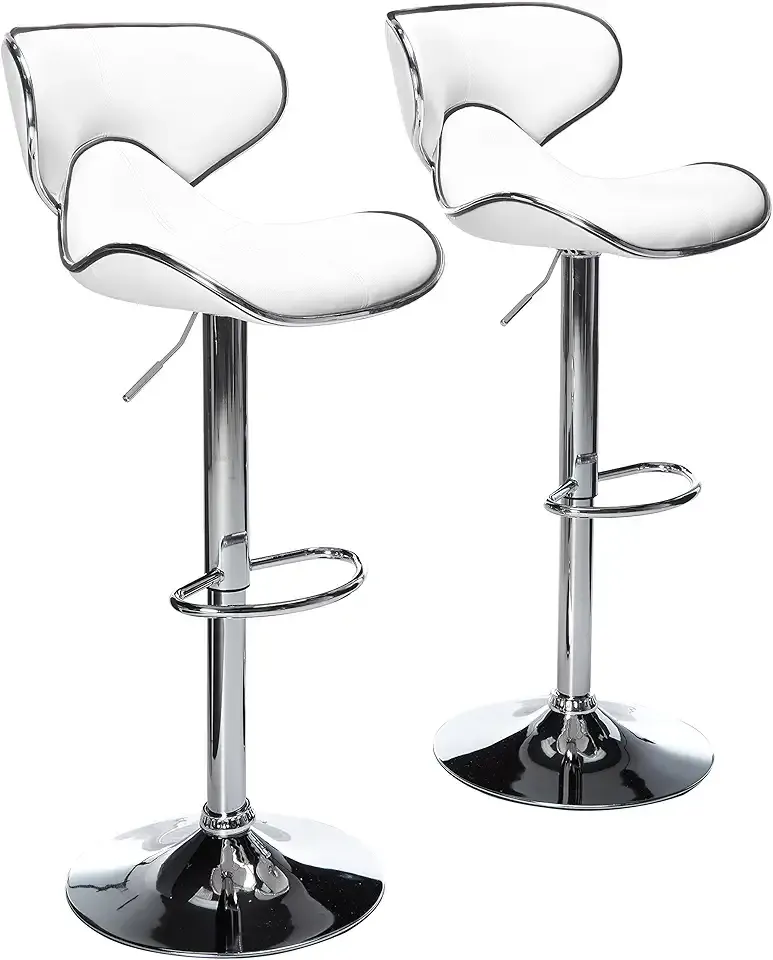 Roundhill Furniture Masaccio Cushioned Leatherette Upholstery Airlift Adjustable Swivel Barstool with Chrome Base, Set of 2, White