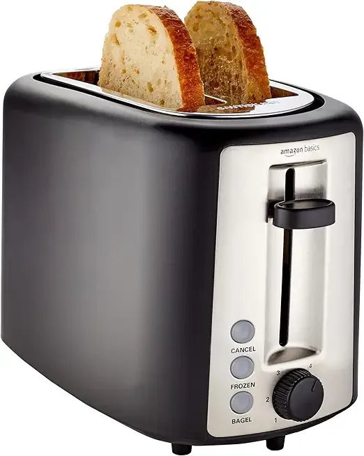Amazon Basics 2 Slice Toaster, With 6 Browning Settings, Extra Wide Slots For Bagels and Special Breads, Removable Easy-to-Clean Crumb Tray, Cancel/Defrost/Bagel Buttons, 900W, Black & Silver