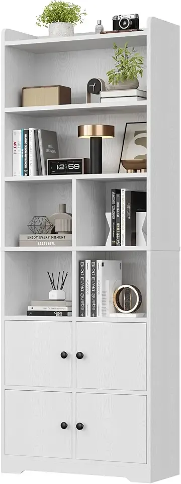 IRONCK Bookshelves and Bookcases with 4 Doors, 6-Tier Bookshelf with Storage Shelves 74.6 in Tall Bookcase for Home Office, Living Room, Bedroom, White