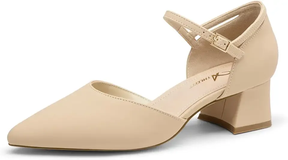 Women's Pointed Toe Low Chunky Heel Pump Shoes