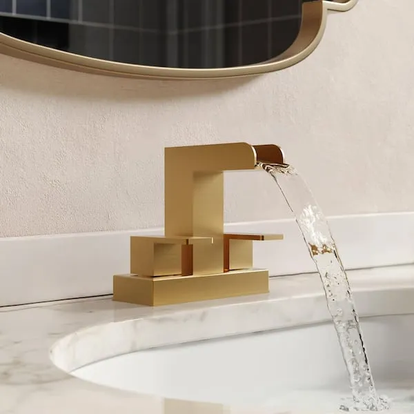 GRANDJOY 4 in.​ Centerset 8 in.​ Widespread Waterfall 2 Handle Bathroom Faucet 1.​0 GPM in Brushed Gold Drain Not Included