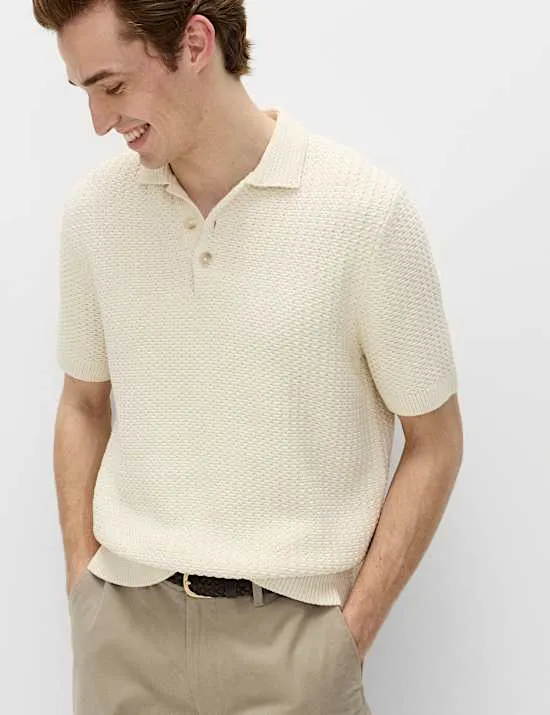 Pure Cotton Textured Knitted Polo Shirt
