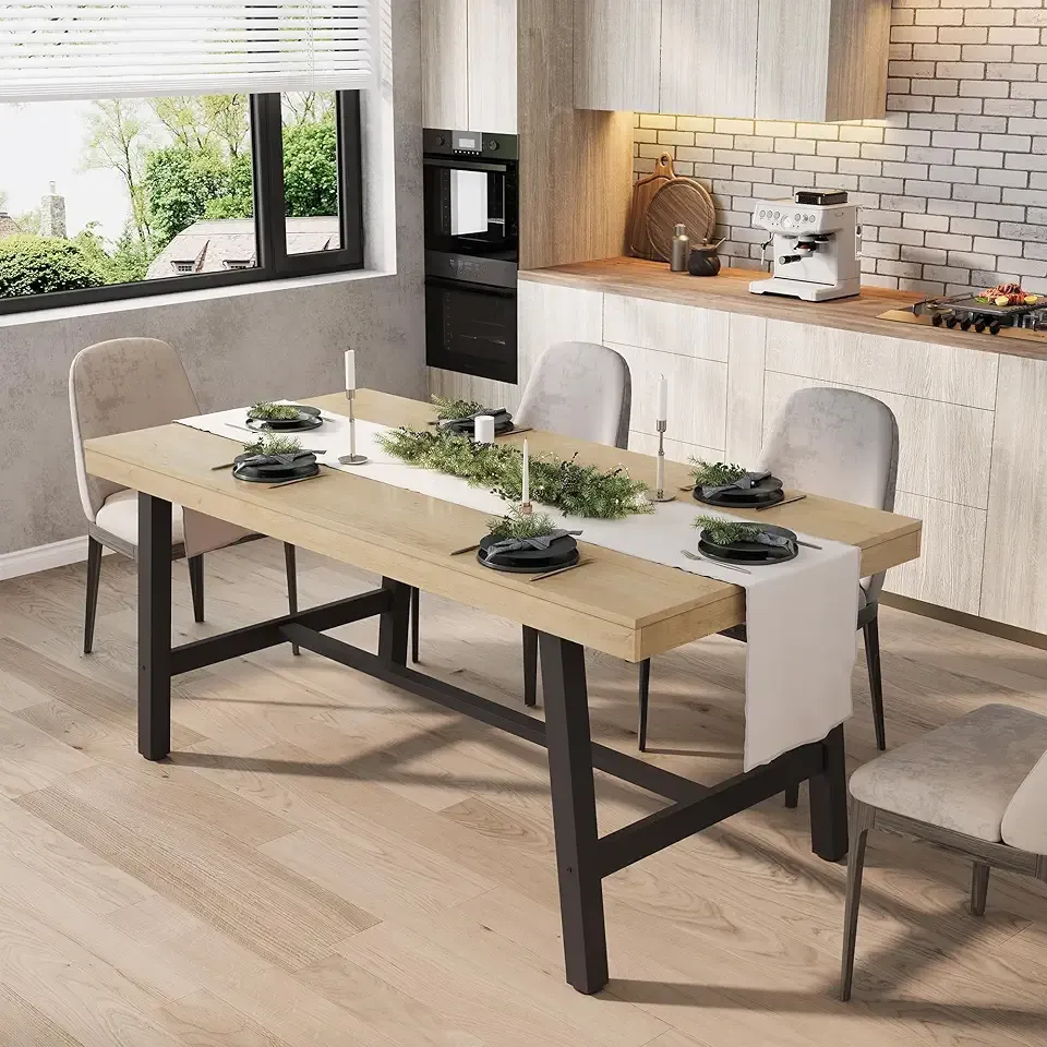 GarveeHome Industrial Dining Table for 4-6 People, 63" Long Wooden Kitchen Table with Sturdy Metal Frame & Natural Wood Finish - Seats 4 Rectangular Counter for Dinner, Kitchen, Dining Room - Natural