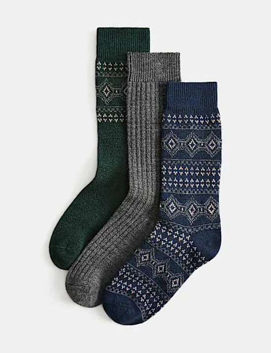 3er-Pack gemusterte Socken mit Wollanteil