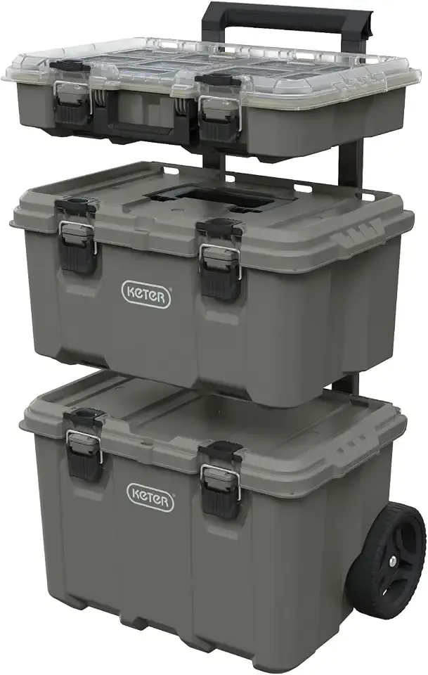 Keter Stack-N-Roll Outdoor Gear Organizer, 3-Piece Rolling Storage System | For Camping, Fishing Tackle, Hunting Equipment & RV Accessories, Modular Waterproof Tool Box with Wheels