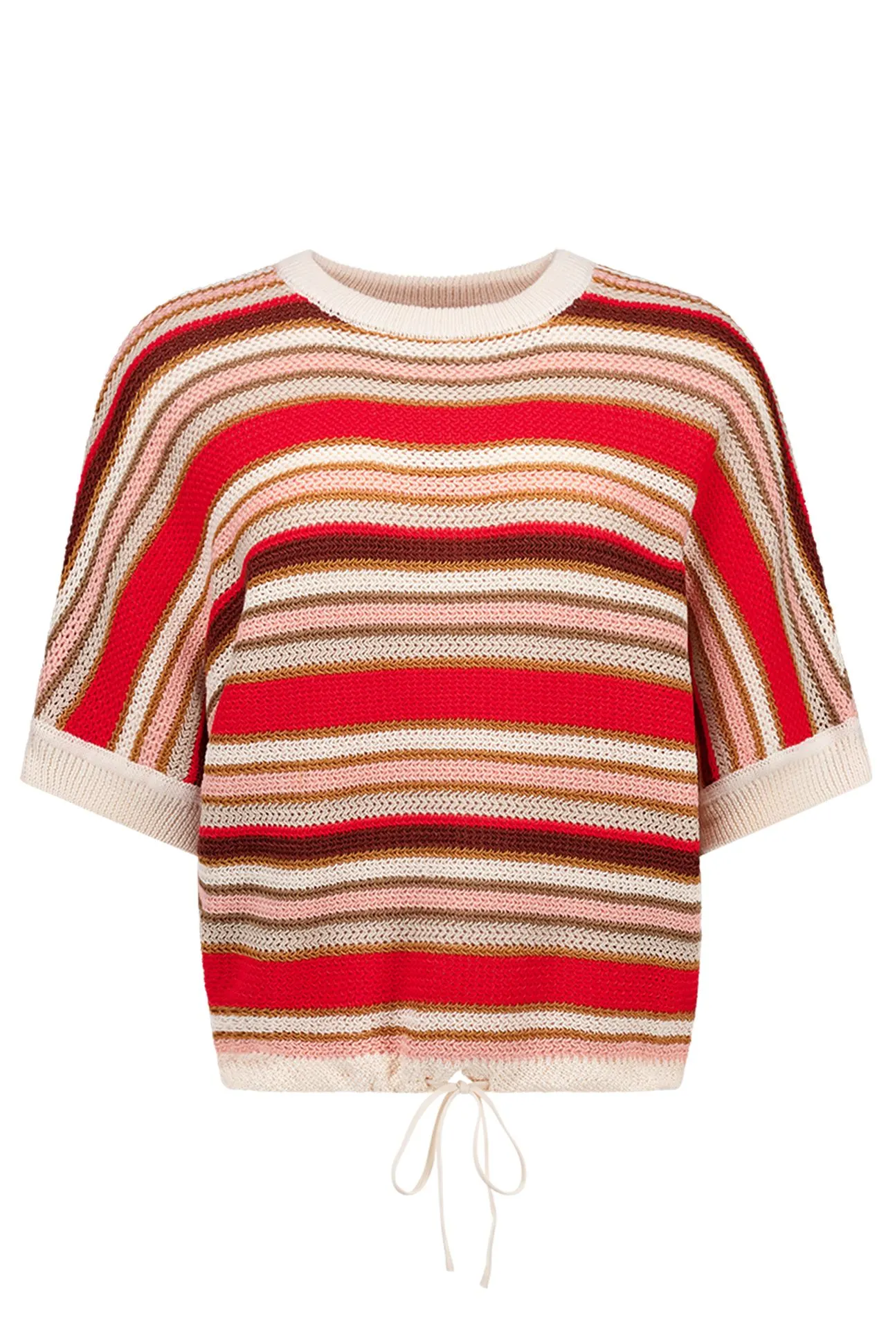 Kleurrijke gebreide trui met trekkoord