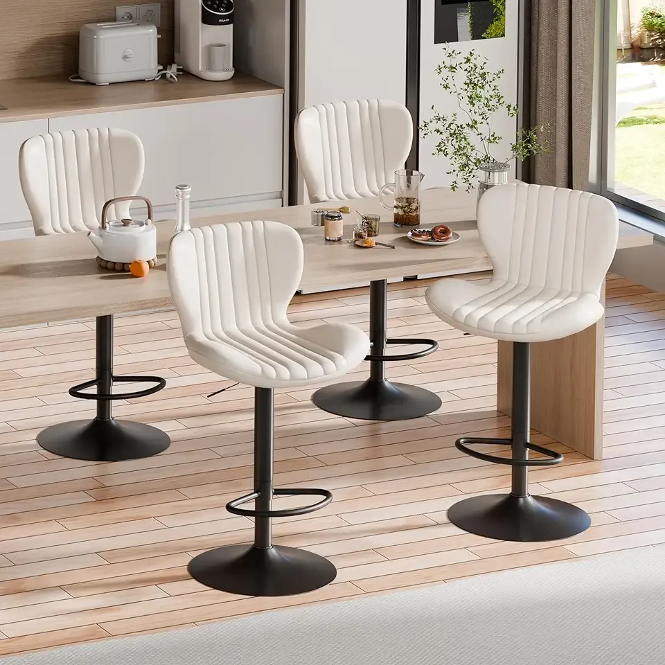 Shintenchi Bar Stools Set of 4 Modern Swivel Bar Chairs, Counter Height Faux Leather Metal Barstools, Upholstered Island Chairs with Back and Footrest, Beige