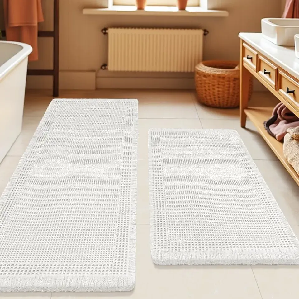 Waffle Bath Mat Set 2 Piece, Boho Woven Modern Bath Rug Absorbent Non Slip, Ultra Soft Bathroom Mats, Machine Washable Knit Bath Rugs with Border for Bathroom, Bedroom, Kitchen, Shower, Tub, White