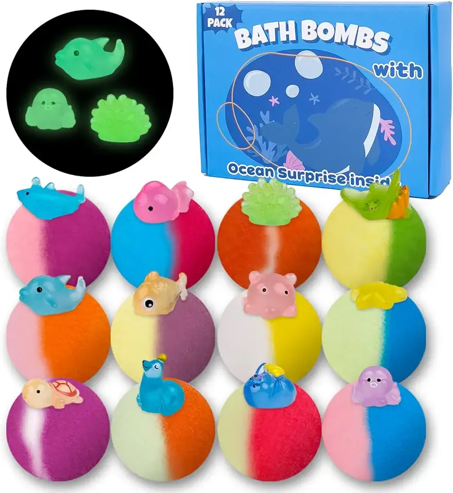 Bath Bombs for Kids, 12 Pcs Bath Bombs with Glow in The Dark Ocean Surprise Inside, Handmade Organic Bubble Bath Ball Gift Set for Boys and Girls, Gift for Birthday Christmas Easter