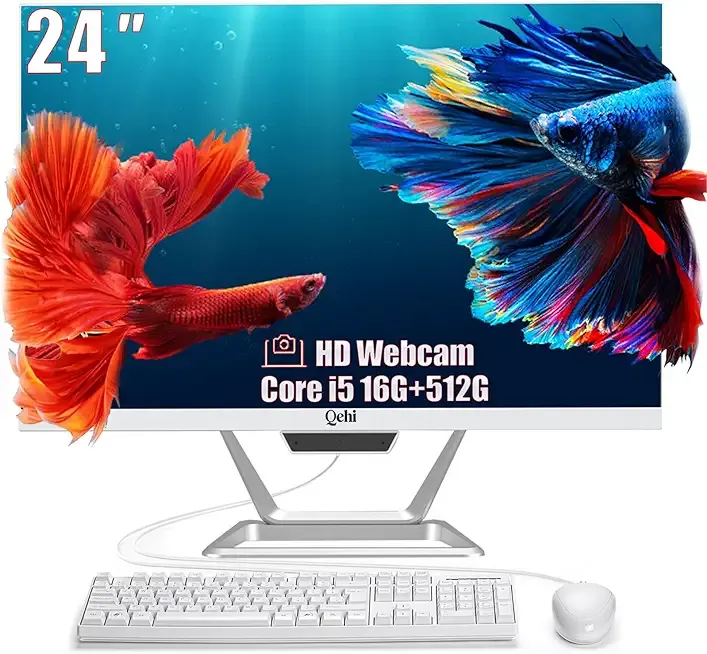 FHD All-in-One PC 24" AIO Desktop Computer Core i5, 16GB RAM 512GB SSD, 1080P Display | HD Webcam Clear Calls | WiFi 6, Gaming Home Business with Keyboard & Mouse